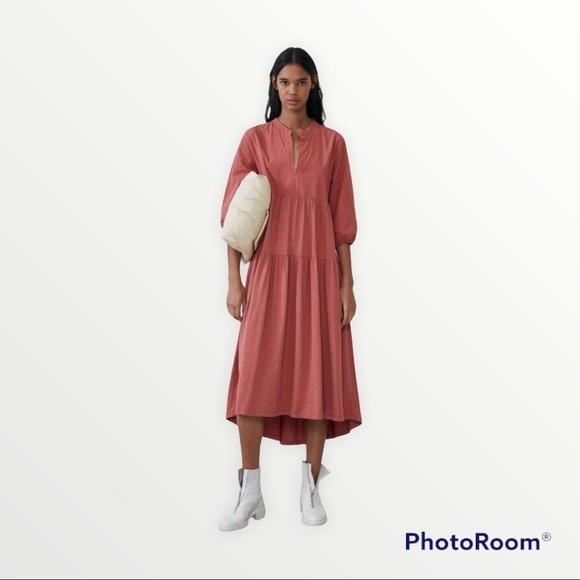 ZARA Mauve Contrast Tiered Midi Contrast Dress Blogger Favorite, Size Small - Picture 1 of 6